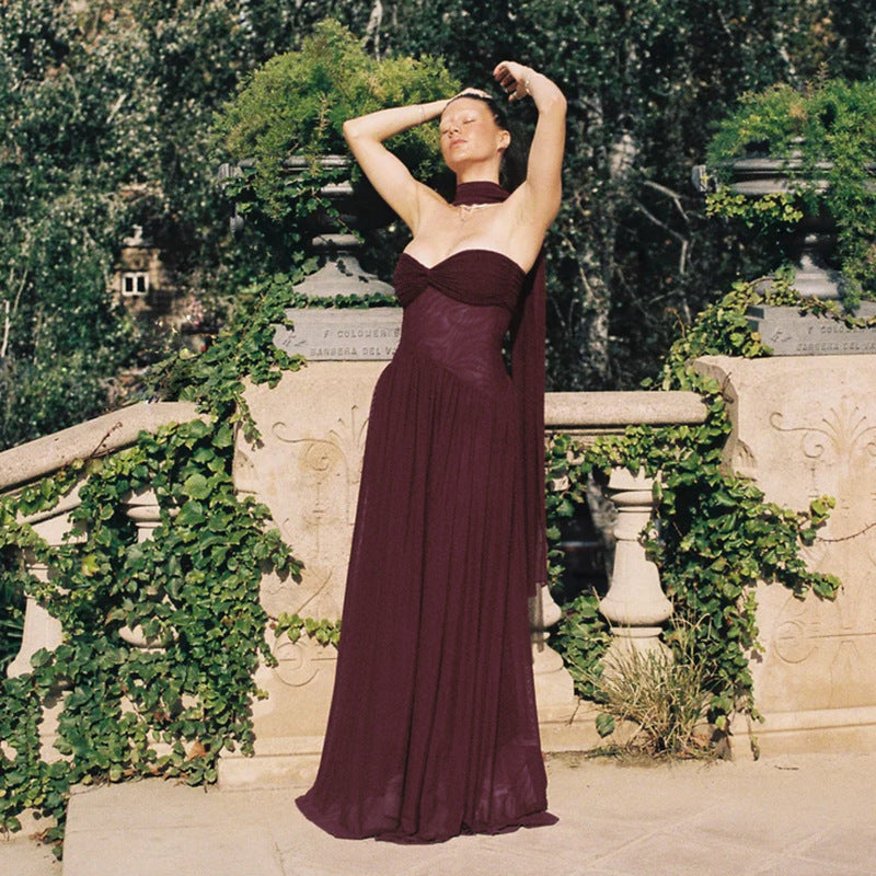 Damer elegant skulderfri Maxikjole med flydende skørt og raffineret drapering Skovae