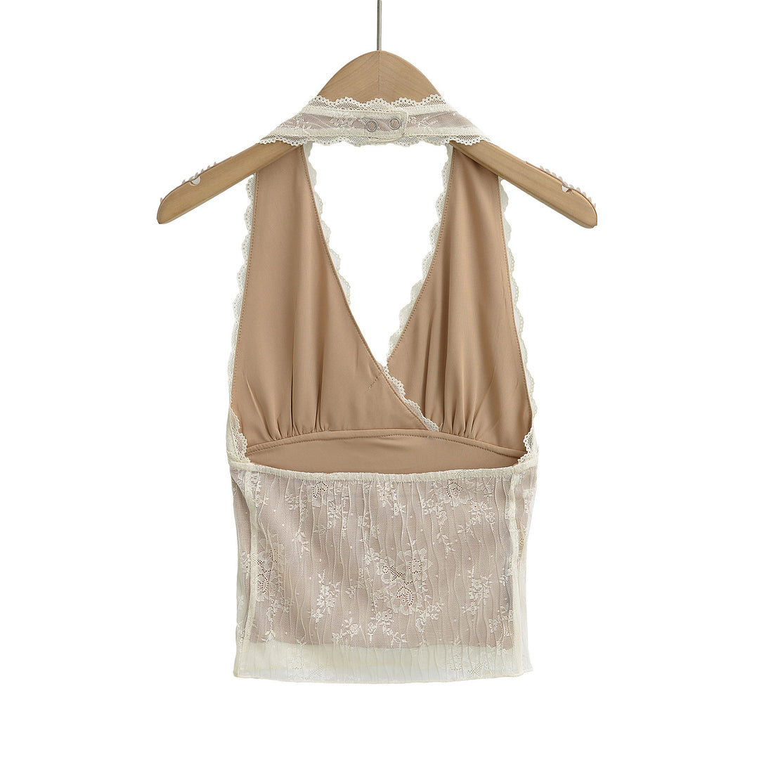 Dame spids-crop-top med dyb v-udskæring og elegante flæser detaljer Stilla