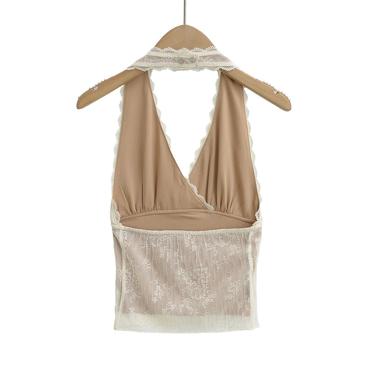 Dame spids-crop-top med dyb v-udskæring og elegante flæser detaljer Stilla