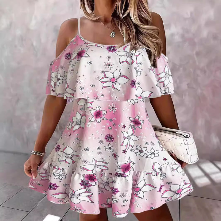 Dame Floral Off-Shoulder Rüschen Mini Kjole Stilla