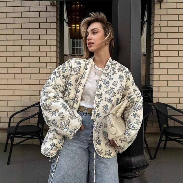 Damens quilted Jacquard cardigan med blomster mønster Stilla