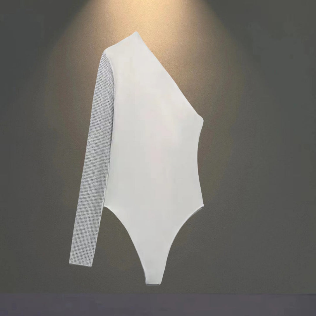 Dame Glitrende Langærmet Bodysuit med asymmetrisk Snit og raffineret Netdesign Stilla
