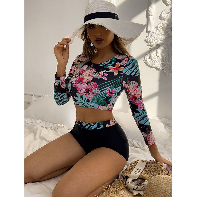 Dame sport-bikini-sæt med lange ærmer og blomsterdesign Stilla