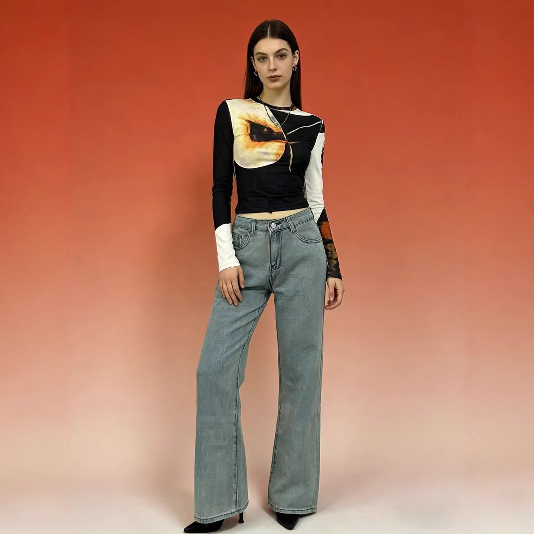 Dame Wide Jeans med kunstnerisk sommerfugledesign Skovae