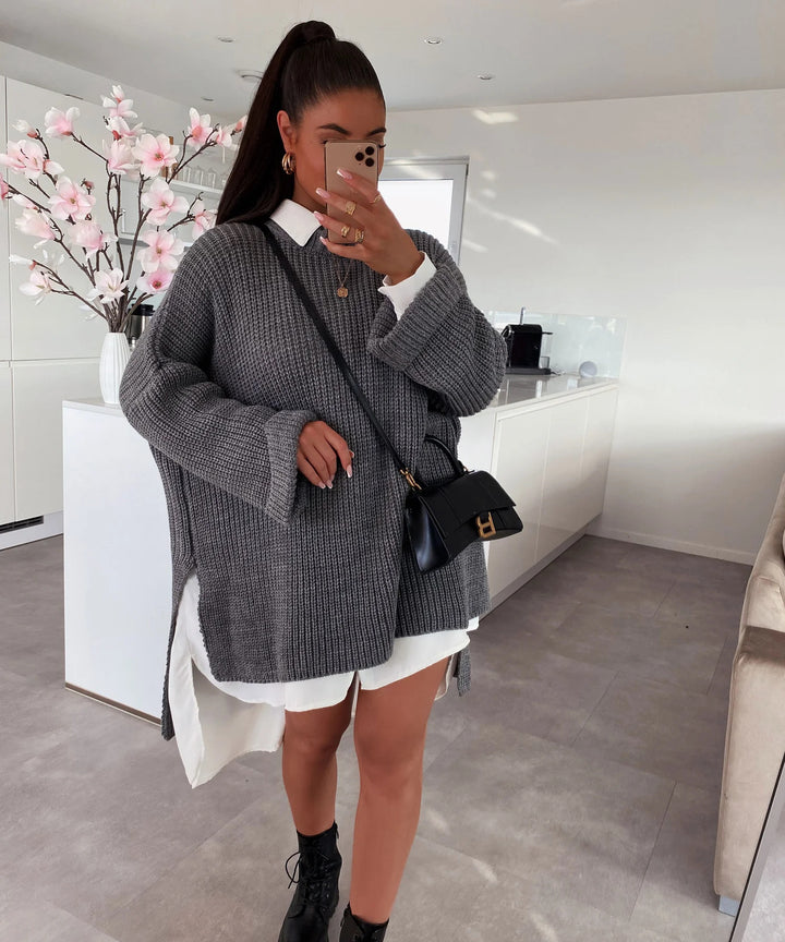 Kvindernes oversized strikket pullover med afslappet snit og bredeskårne ærmer Stilla