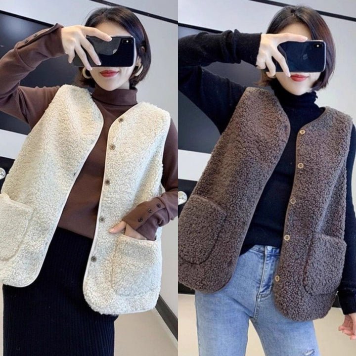 Damer teddy fleece vest med praktiske lommer og knaplukning Skovae