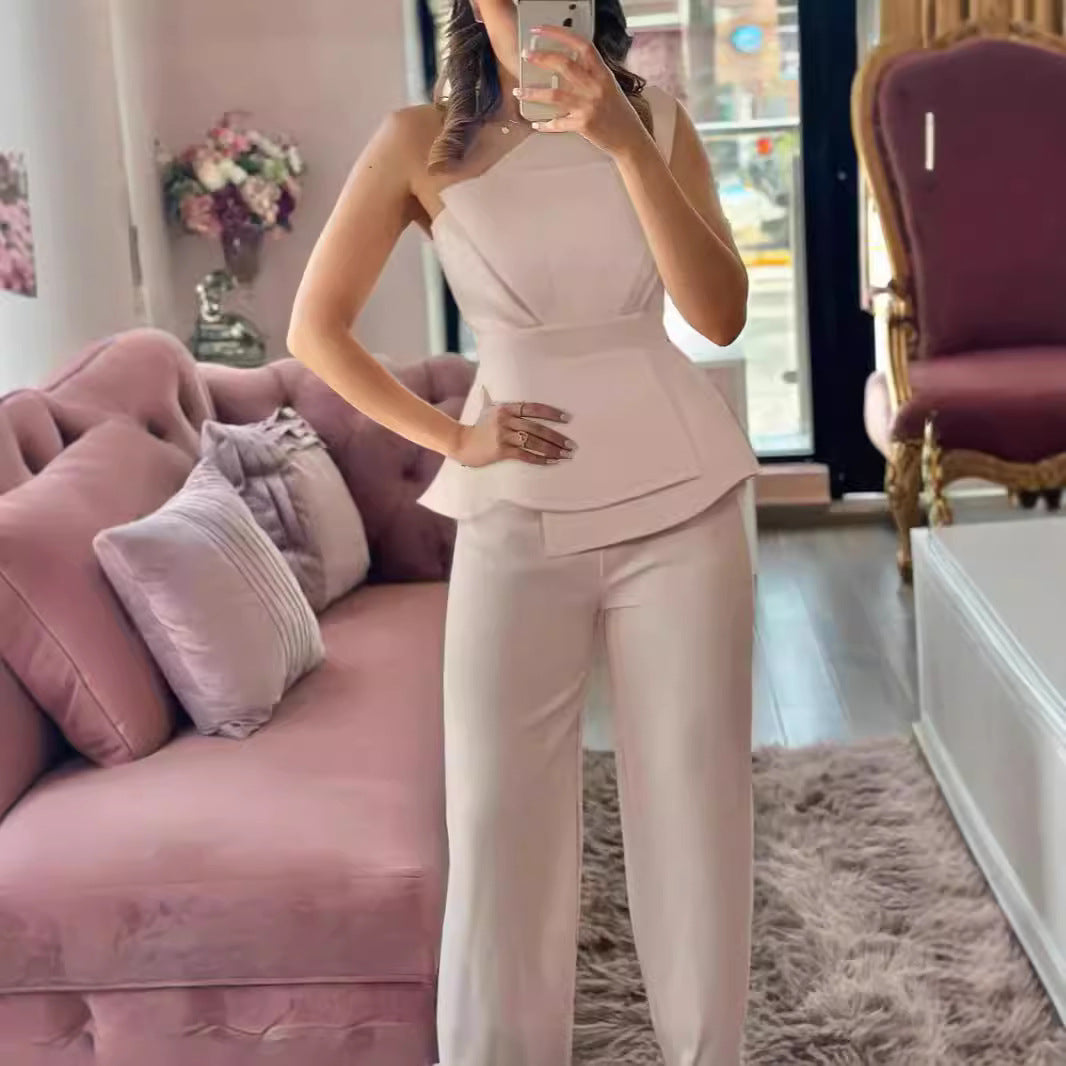 Dame Mode Jumpsuit med flot taljeeffekt og rynket overdel Skovae