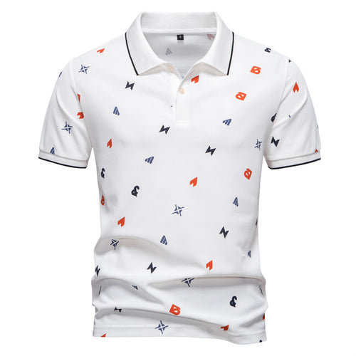 Herrer nan legeres kortærmet Piqué-polo med geometrisk all-over-print, kent-krave og kontrastbesætning Skovae