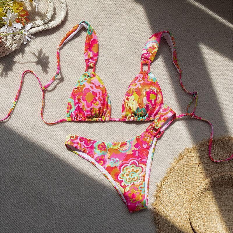 Dame Triangel-Bikini med moderne blomsterdesign og justerbare stropper Skovae