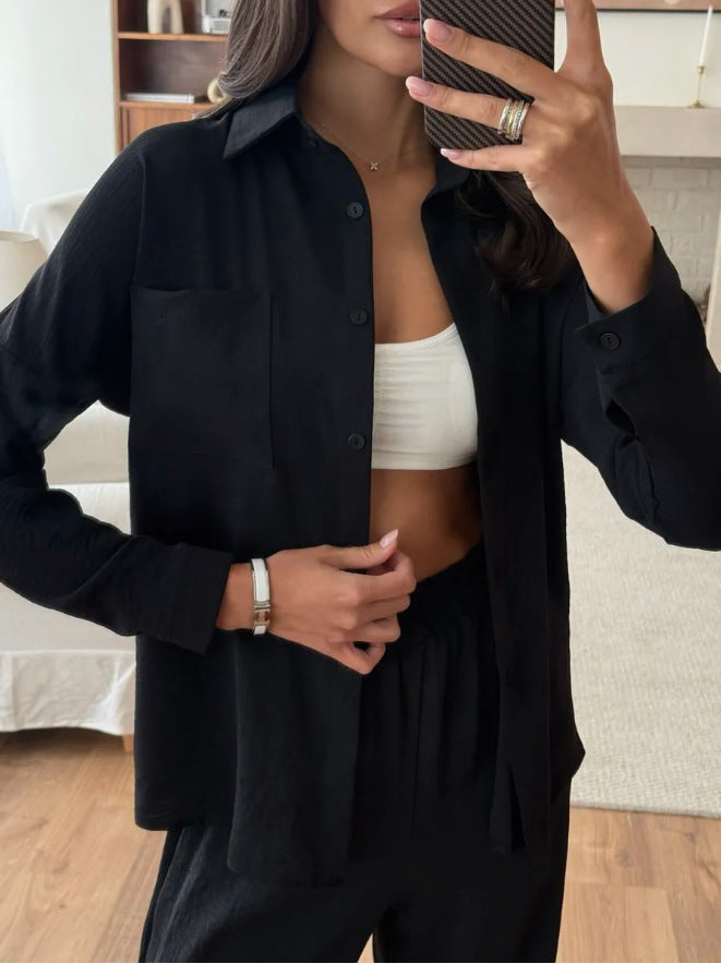 Dame komfortabel Loungewear-sæt med langærmet bluse og brede bukser Stilla