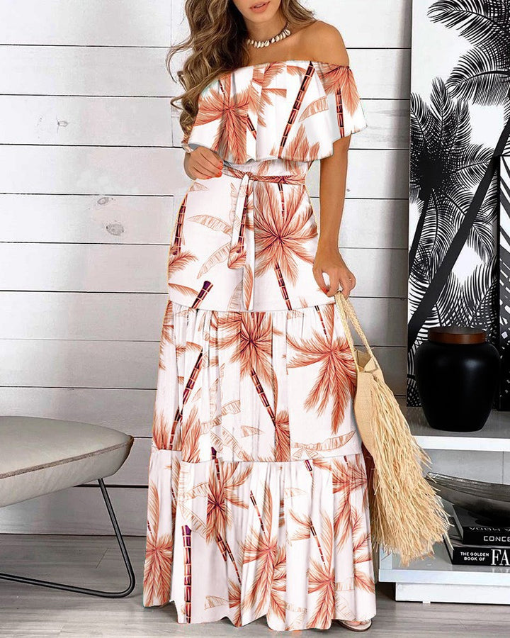 Dame Off-Shoulder Maxikjole med flydende, lagdelt nederdel Stilla