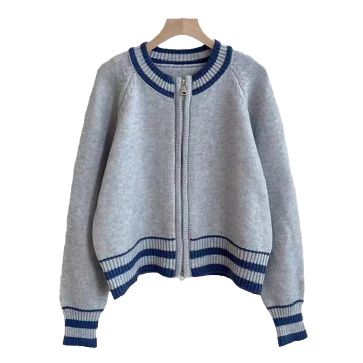 Damer mode strikket cardigan med lynlås og sporty stribemønster Stilla