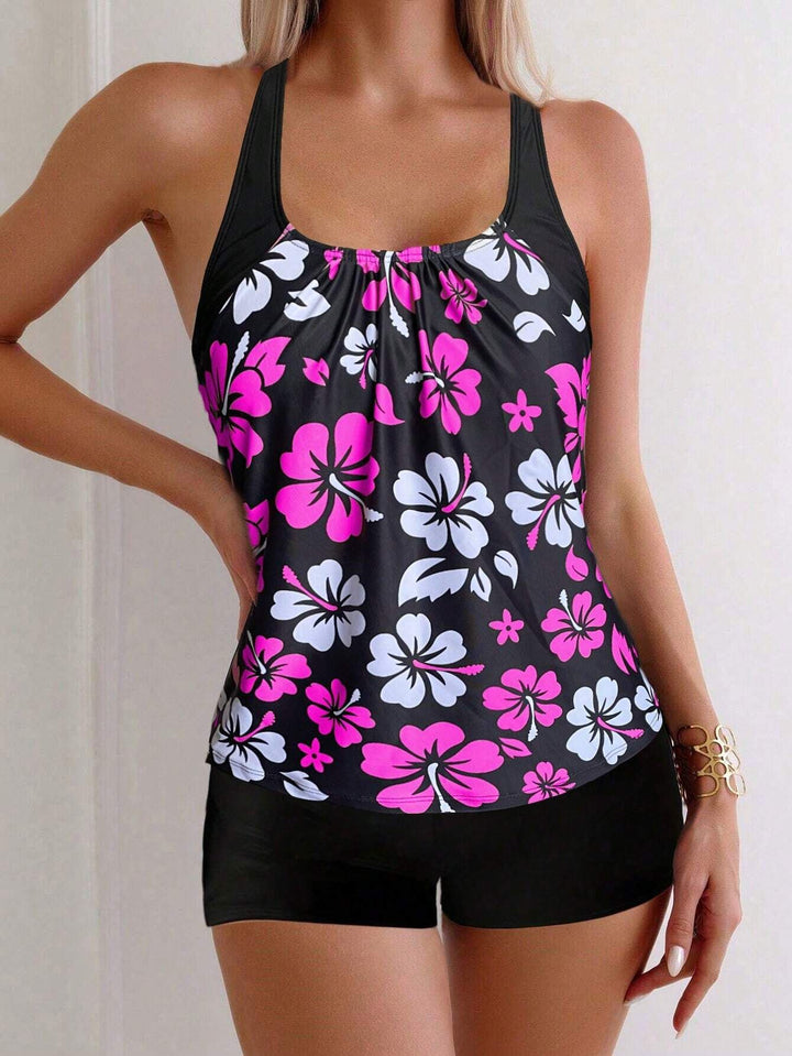 Damer sportligt tankini-sæt med florale accenter Skovae