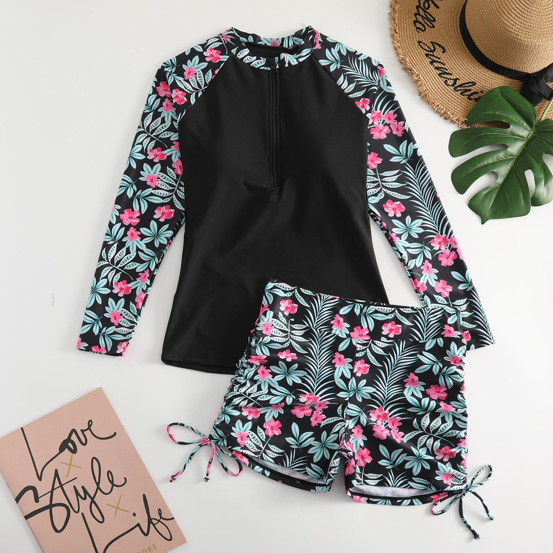 Dame Rashguard-sæt med stribede ærmer og blomsterdesign Stilla