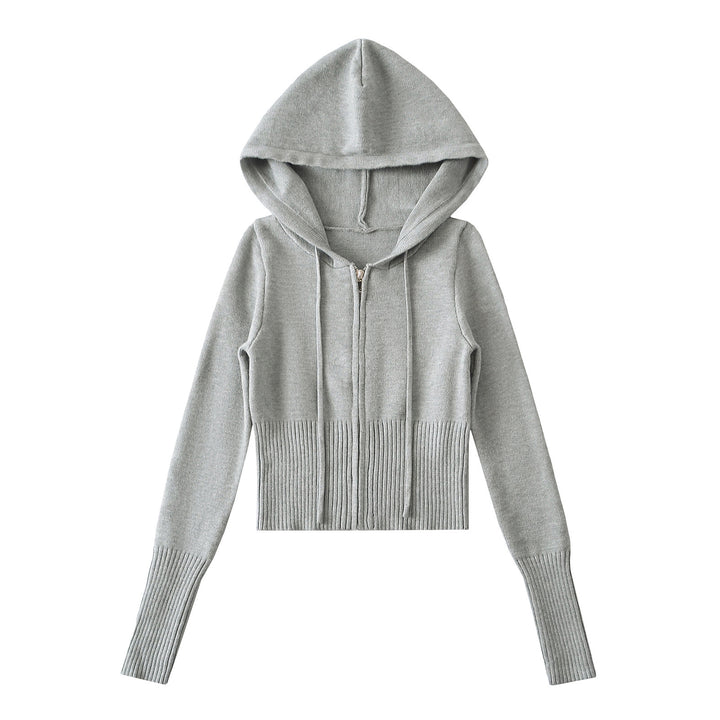 Dame Cropped Hoodie lavet af blødt strikmateriale med lynlås og hætte Stilla