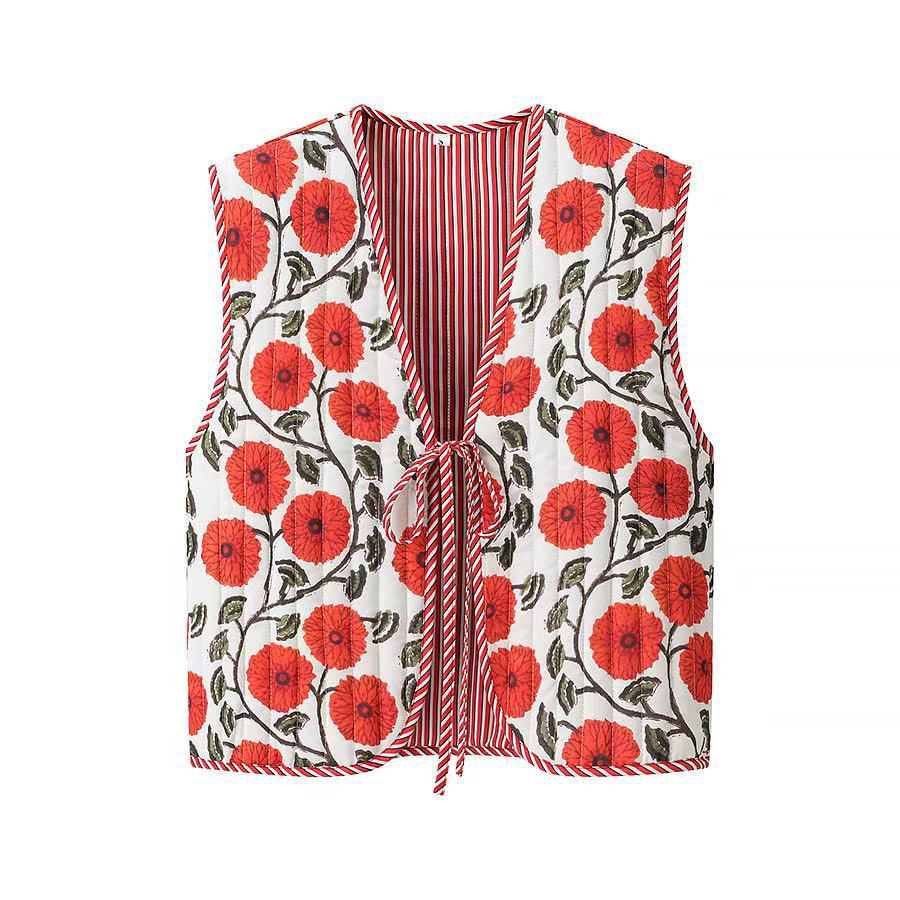 Dame blomster mønster vest med talje knude Stilla