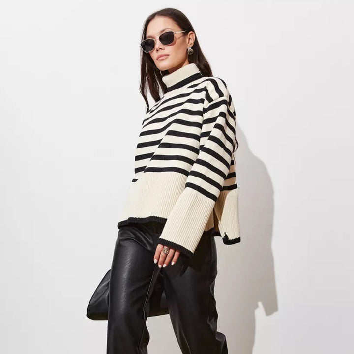 Kvinders chunky strikpullover med høj krave og Breton striber Stilla