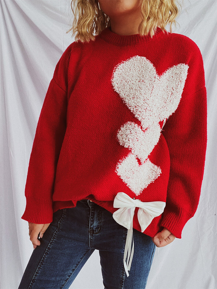 Kvinders strikket sweater med charmerende hjerte design og dekorativ sløjfe Stilla