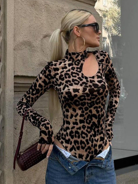 Dame Langærmet Bodysuit med asymmetrisk Udsnit og Leopardmønster Stilla