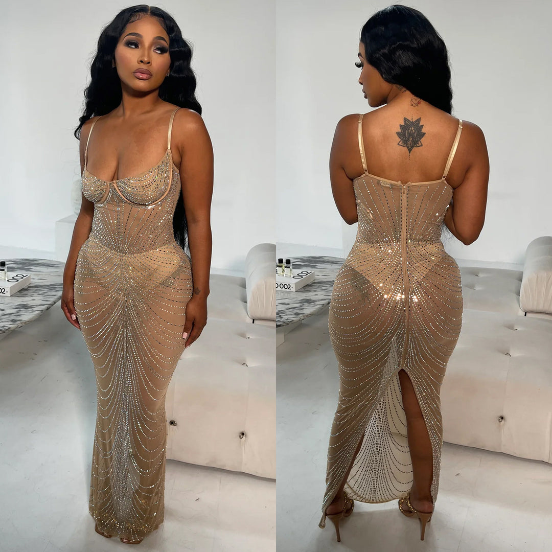 Dame Elegant Rhinestone Besat Aftenkjole med dyb Udsnit og figursyet Snit Stilla