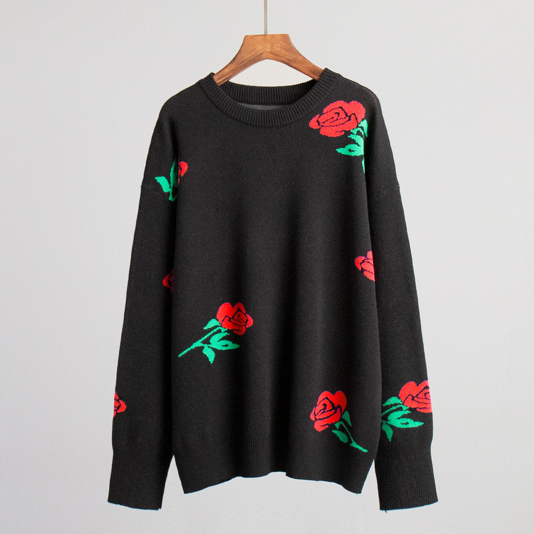 Kvindernes mønstrede strikkede sweater med blomstermotiv og løs pasform Stilla