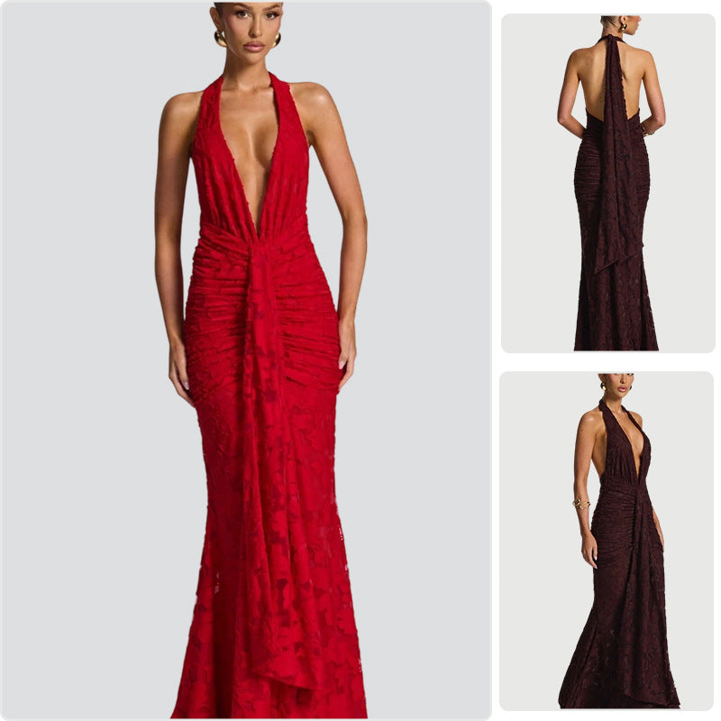 Damer Elegant Maxi Kjole med Dyb V-Hals og Volang Design