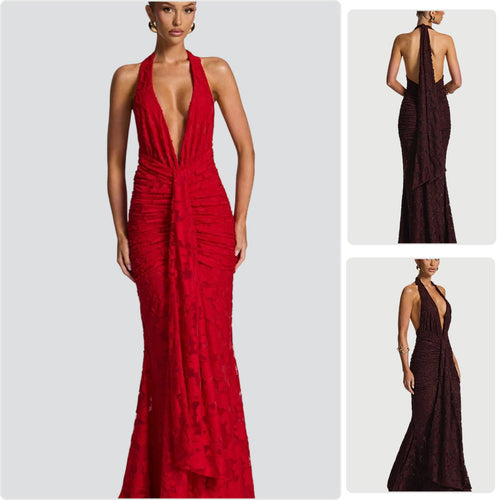 Damer Elegant Maxi Kjole med Dyb V-Hals og Volang Design