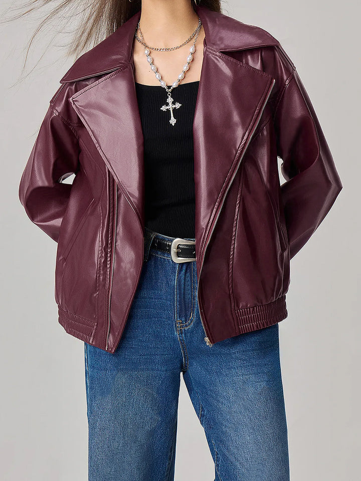 Kvinders faux læderjakke i trendy oversized stil med smalle lynlåsdetaljer Stilla