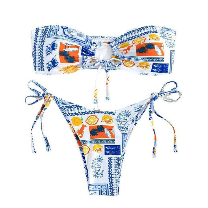 Dame bandeau-bikini-sæt med blomstermønster og justerbare bånd Skovae