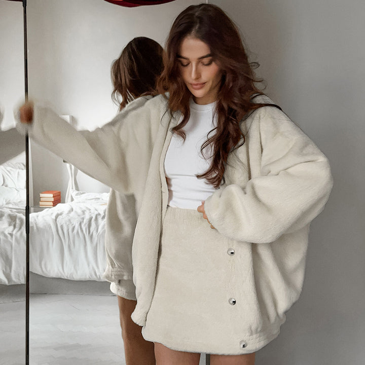 Dame luksuriøst fleece-sæt med afslappet design og løstsiddende top Stilla