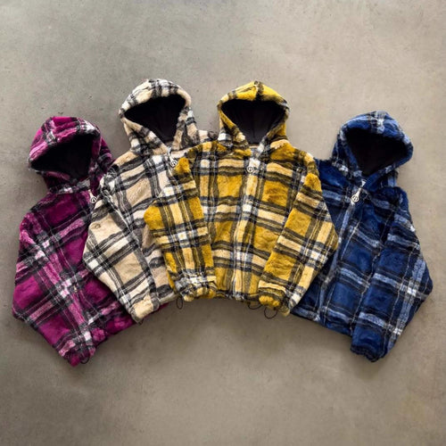 Unisex nan forede plaid-fleece-bomberjakke med hætte snøre og lynlås-lommer Skovae
