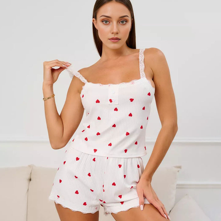 Dame pyjamasæt med hjerte motiv og spids afslutninger Stilla