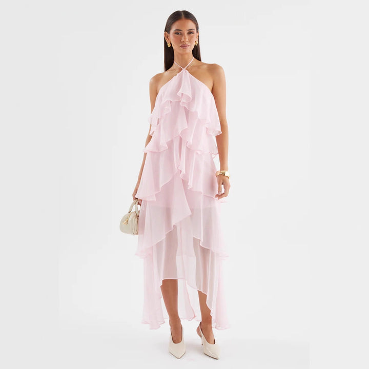 Kvindelige chiffon maxi kjoler med flerlags flæser Skovae