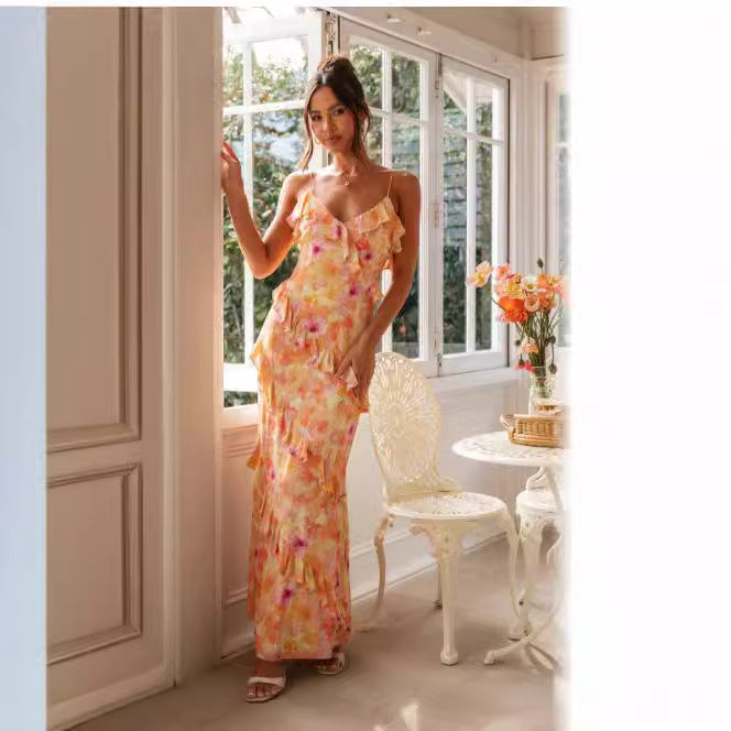 Kvinders sommer maxi kjole med flæse detaljer og delikat blomstermønster Skovae