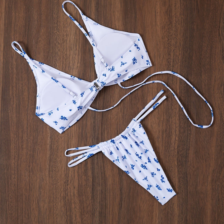 Dame triangel-bikini med blomster mønster og justerbart bindingssystem Skovae