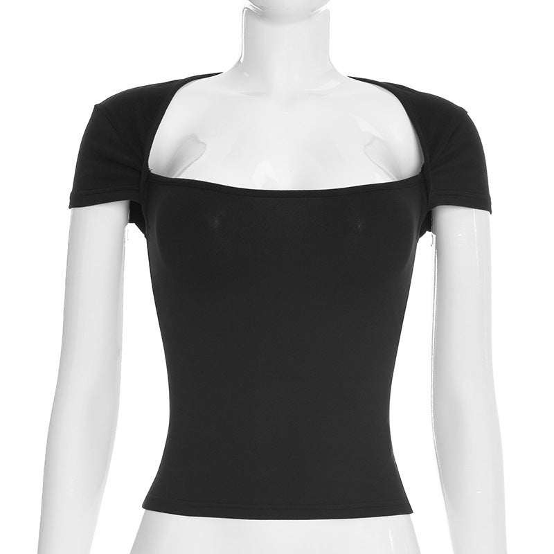 Damen Figurbetontes Kurzarmshirt mit quadratischem Ausschnitt und elastischem Material Skovae
