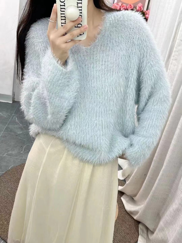 Dame hyggelig V-hals sweater med glitrende tråd Stilla
