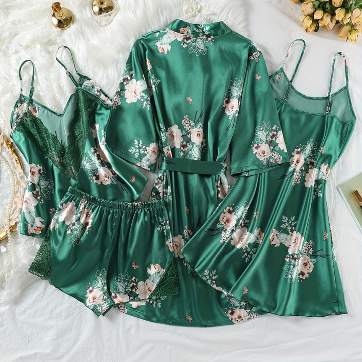 Dame Floral Satin Nattøj Sæt med Robe Stilla