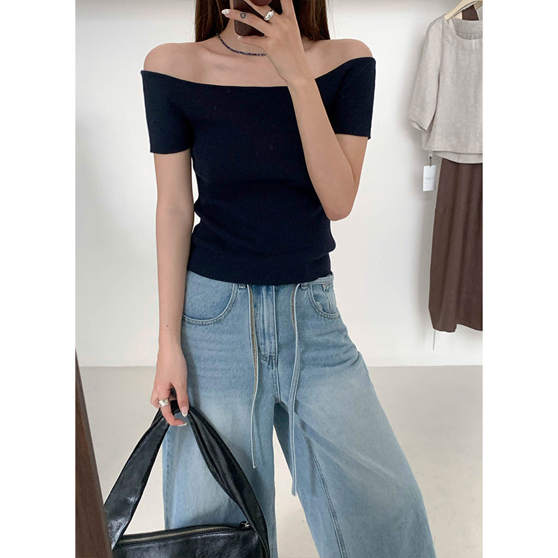 Dame Off-Shoulder Strikoberteil med fin ribstruktur Stilla