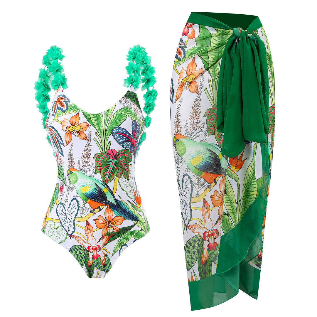 Dame Højskåret Én-delt Badedragt med blomstermotiver og matchende Wrap Skirt Stilla