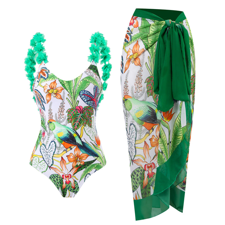 Dame Højskåret Én-delt Badedragt med blomstermotiver og matchende Wrap Skirt Stilla