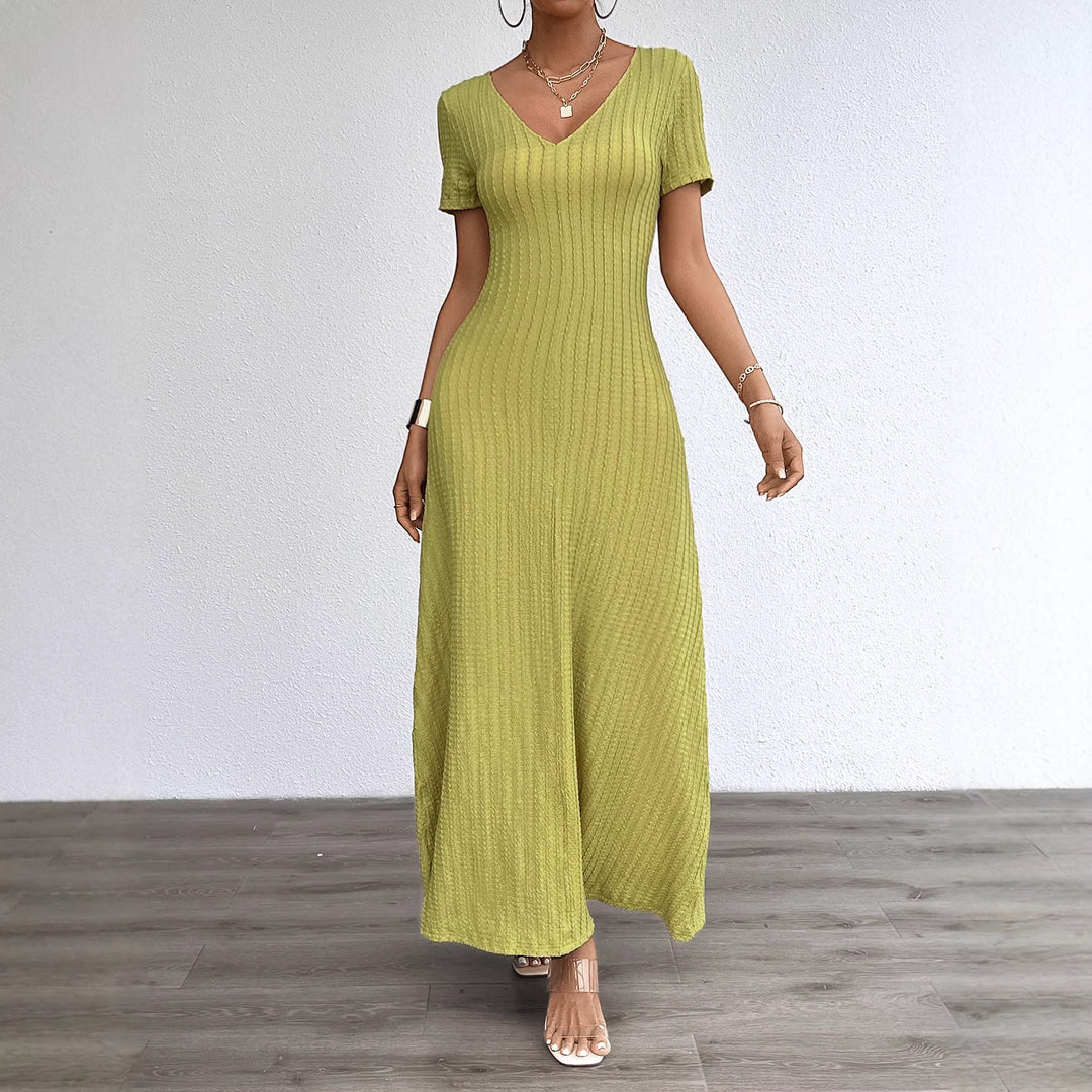 Kvindernes long sleeve maxi kjole med elegant V-hals og ribbet tekstur Stilla