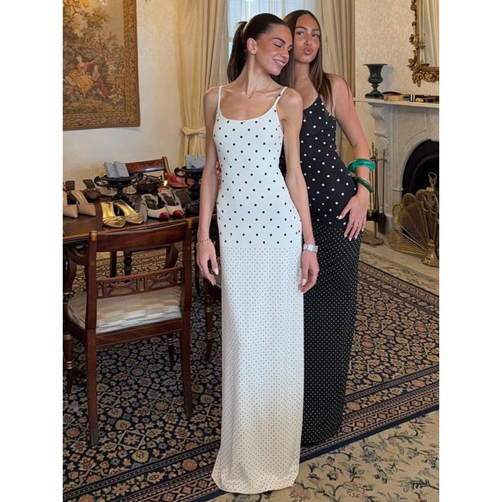Dame Elegant Polka Dot Maxikjole med justerbare stropper og flydende snit Skovae