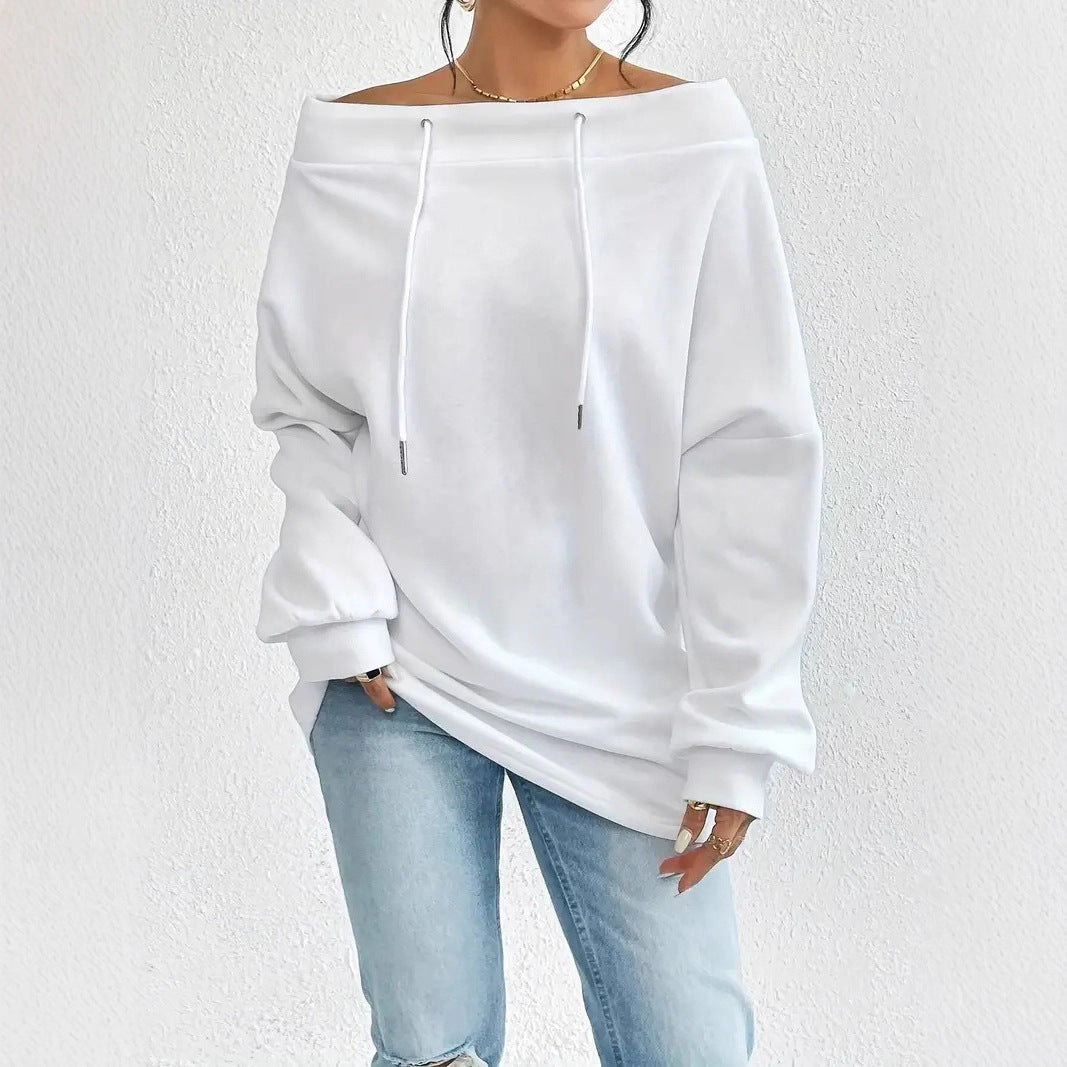 Kvinders afslappede oversized pullover med åben krave og praktiske snore