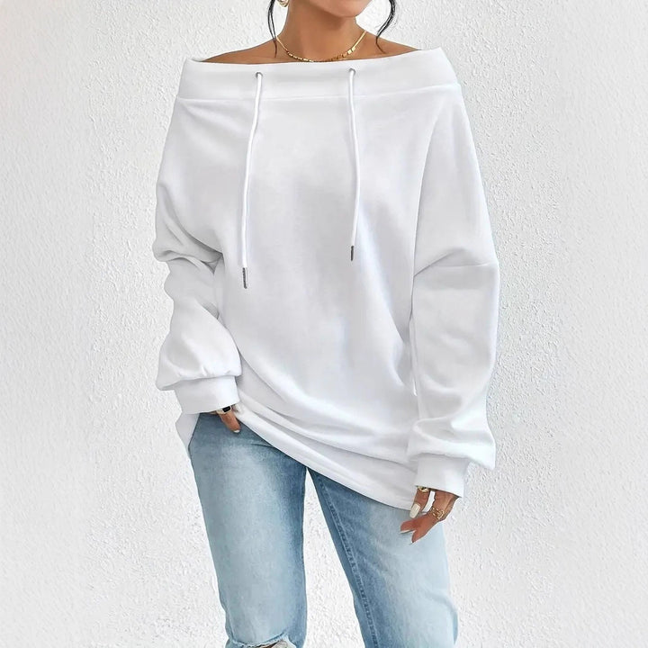 Kvinders afslappede oversized pullover med åben krave og praktiske snore