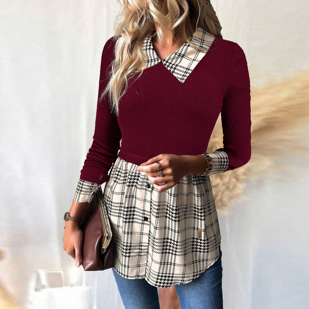 Dame bluse skjorte med ternet mønster og elegant krave Stilla