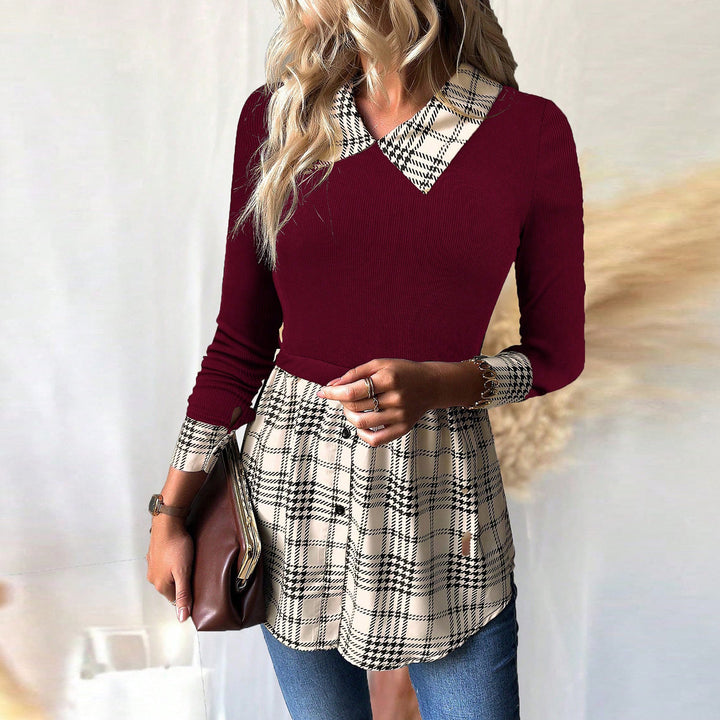 Dame bluse skjorte med ternet mønster og elegant krave Stilla