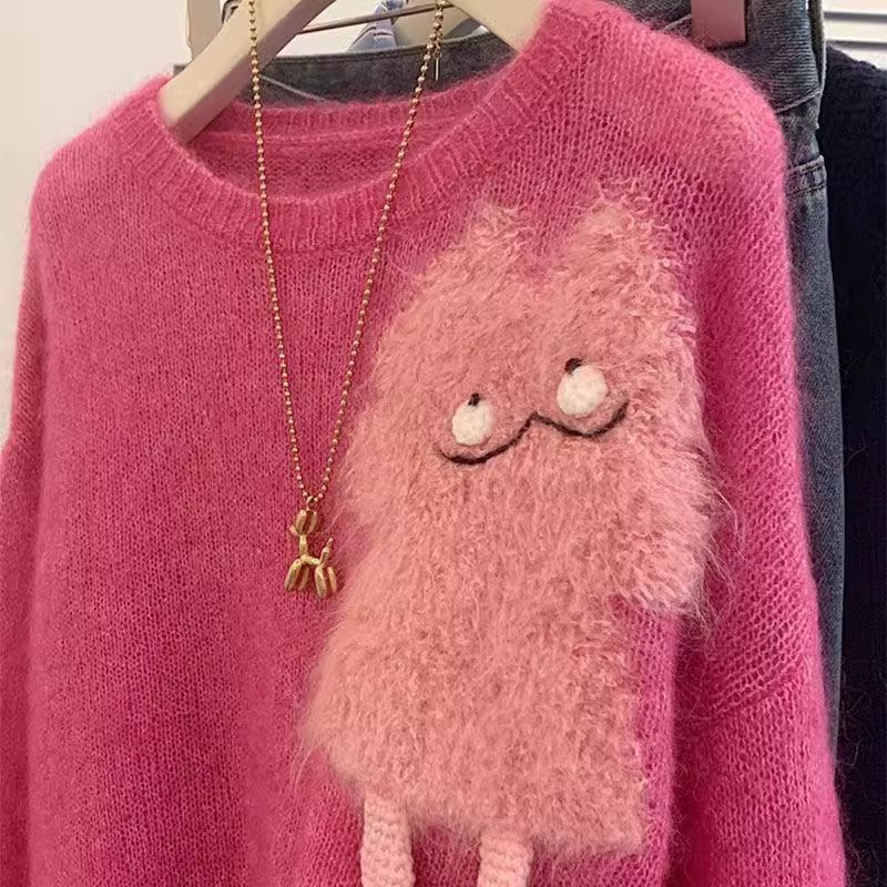 Dame hyggelig sweater med cartoon-applikation og blødt materiale Stilla