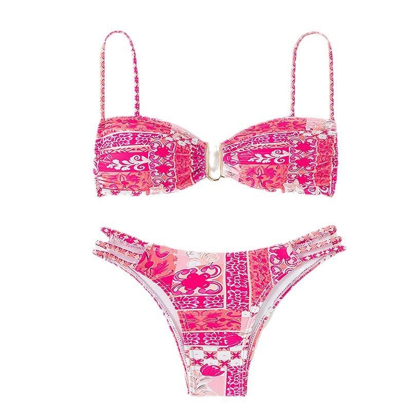 Dame bandeau-bikini med raffinerede flæsedetaljer og elegant mønster Skovae