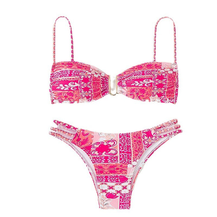 Dame bandeau-bikini med raffinerede flæsedetaljer og elegant mønster Skovae